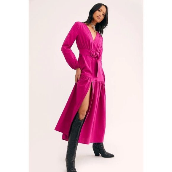 Free People Dresses & Skirts - Free People S Kendra belted button front long sleeve Midi Dress in Pink